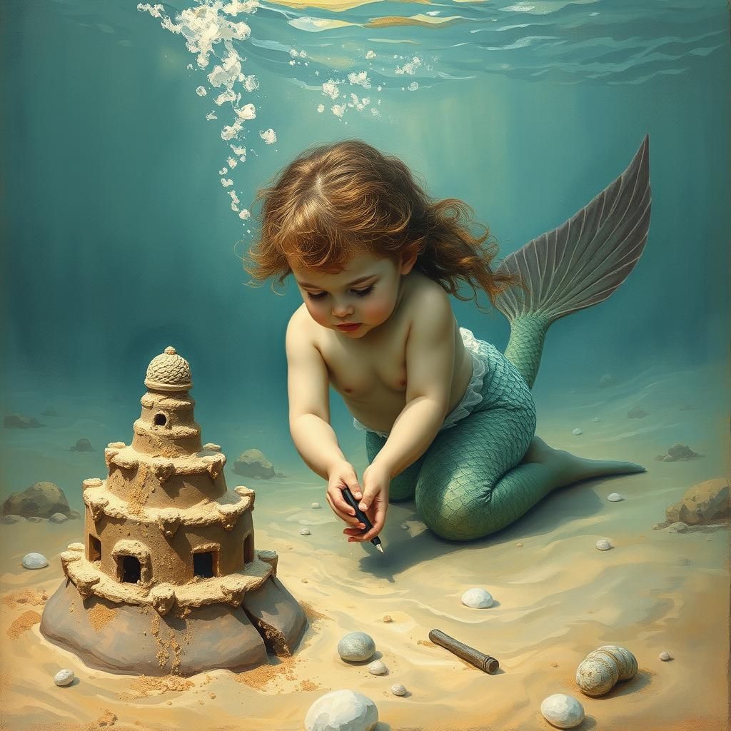 Mermaid Child Building Sandcastle, Rackham Style