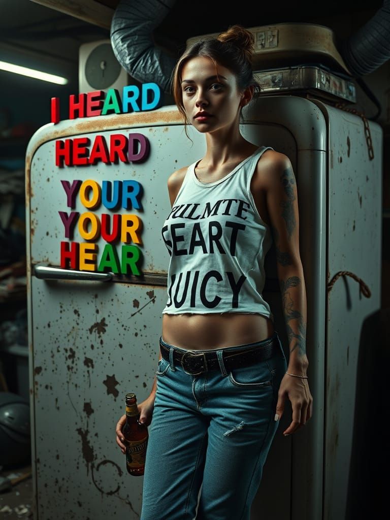 1950s Refrigerator in Grimy Garage with Woman