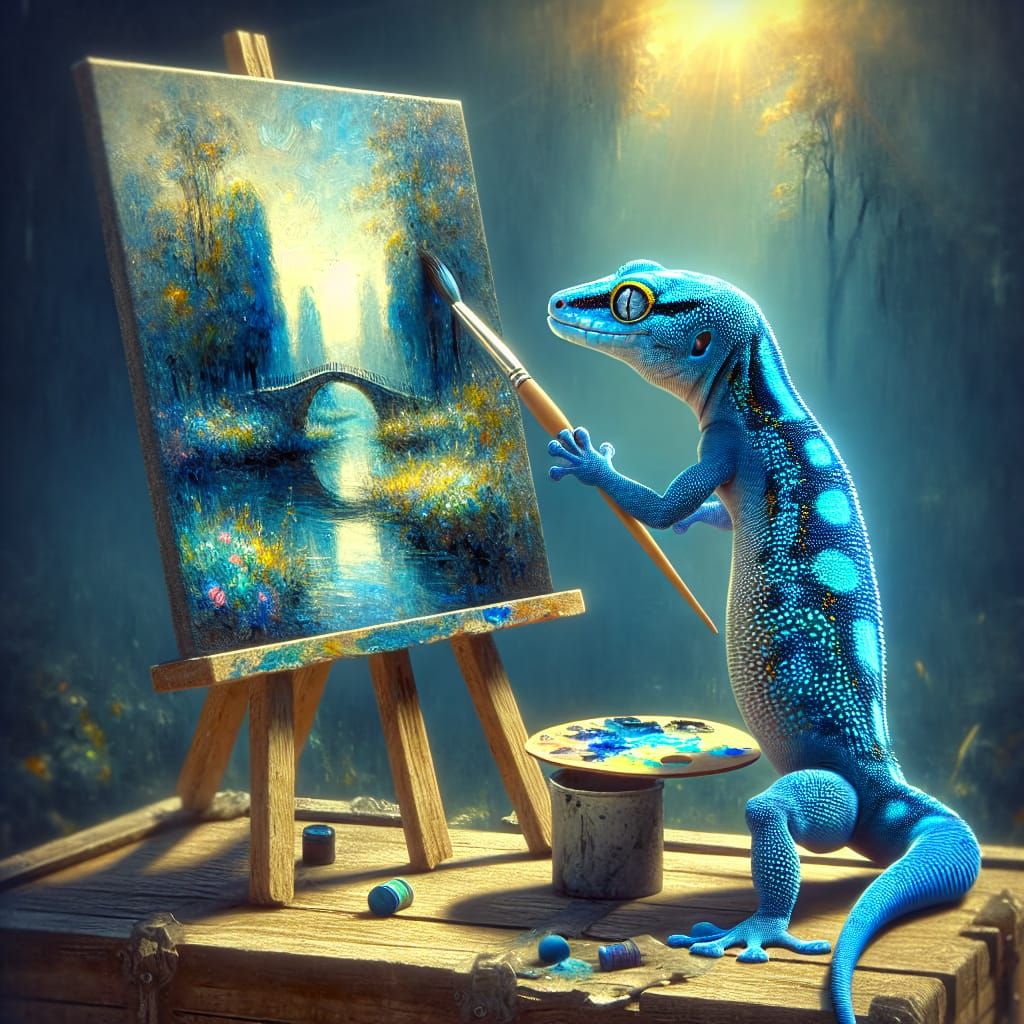 Electric Blue Gecko's Impressionist Landscape Painting