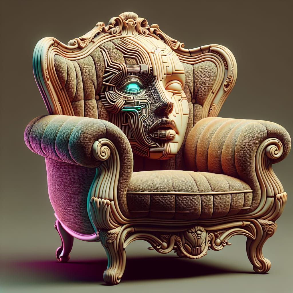Surreal Rococo Armchair with Cyberpunk Face