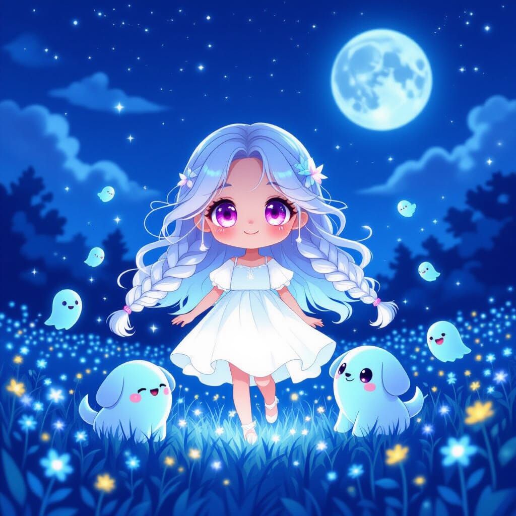 Spirit Girl and Ghost Dog in Enchanted Moonlight