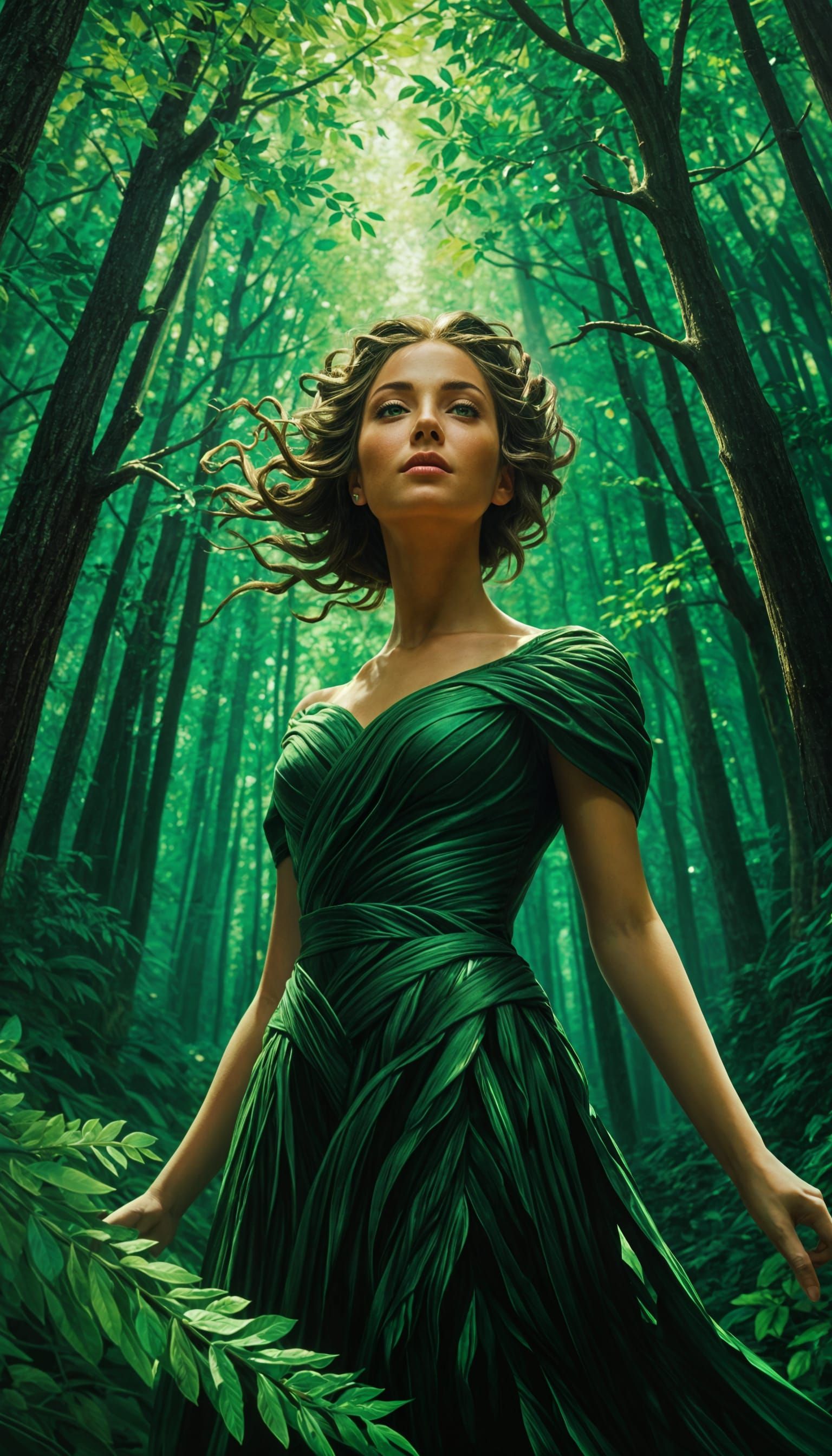 Wooden Dryad with Emerald Eyes in Dark Forest
