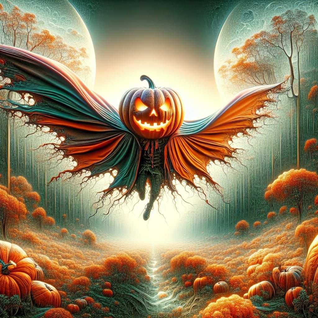 Creepy Jack o' Lantern Soaring Through Ethereal Forest