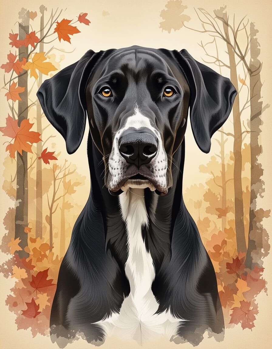 Elegant Great Dane in Autumn Forest Watercolor