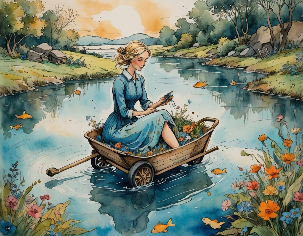 Whimsical Woman Swimming in Wheelbarrow Illustration