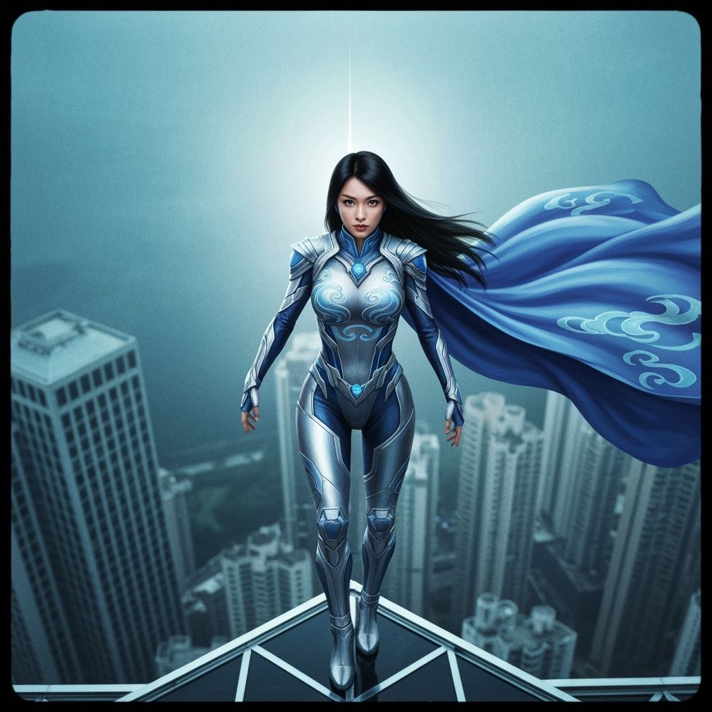 Chinese Superheroine on Skyscraper, Cinematic Lighting