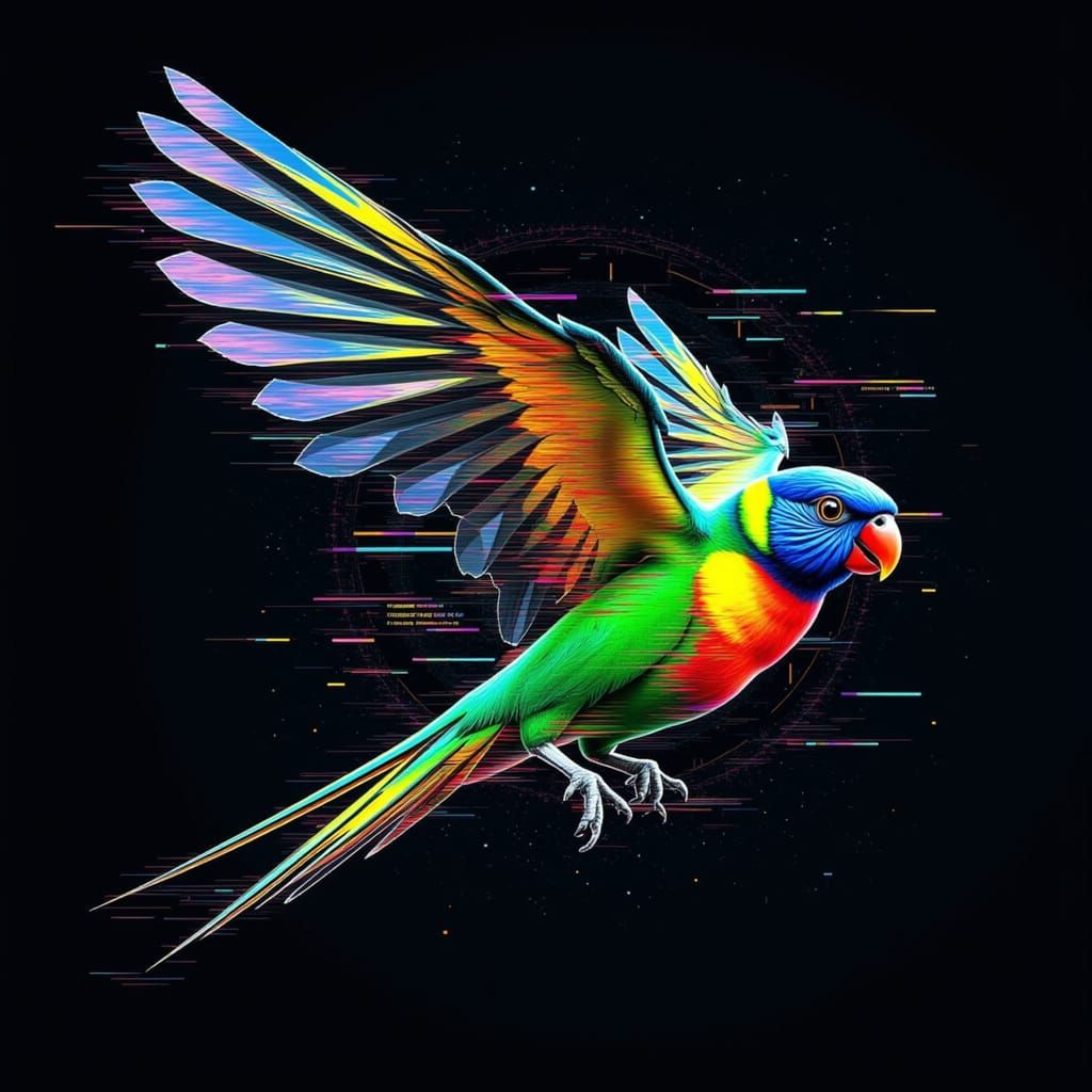 Rainbow Lorikeet with Glitch Lines in Errorcore Style