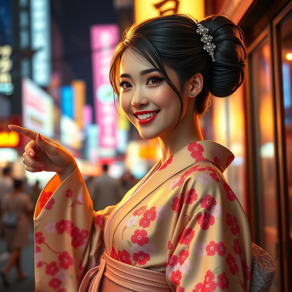 Enthusiastic Woman Points to Sushi Restaurant in Concept Art