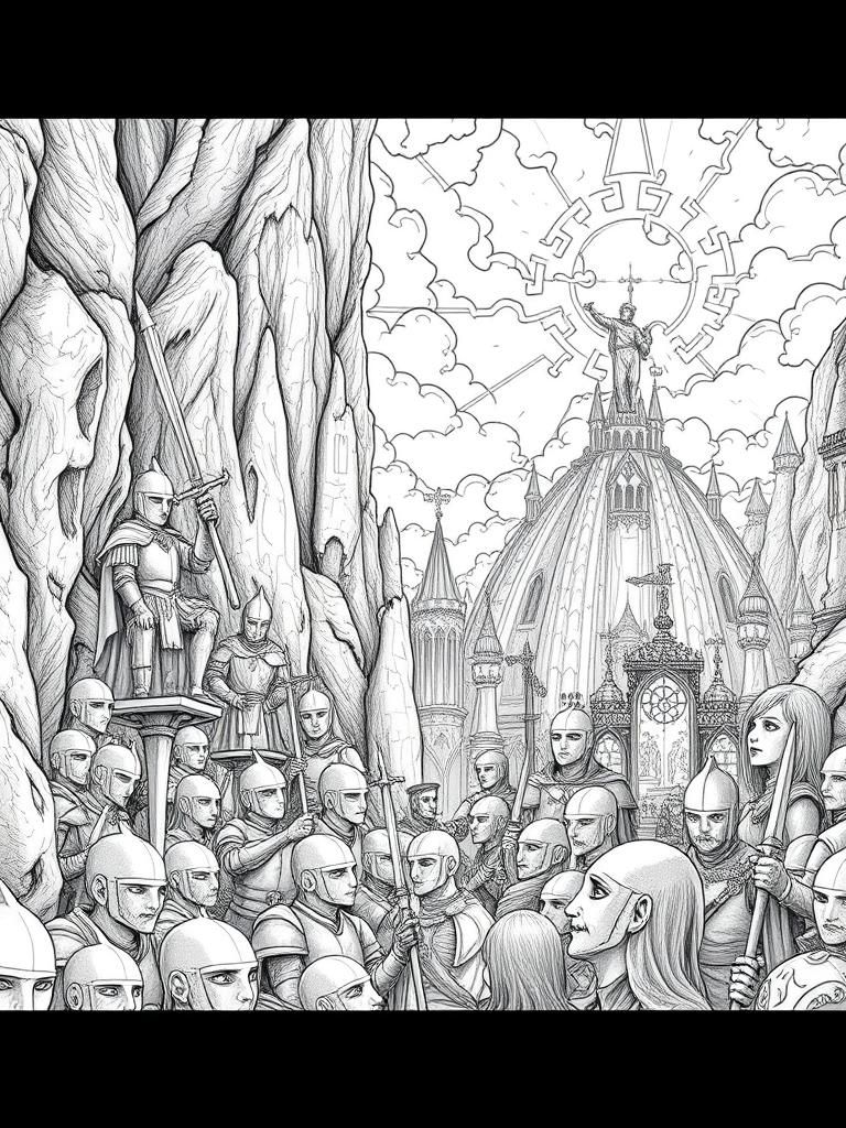 Medieval City Coloring Page in Dark Fantasy Style