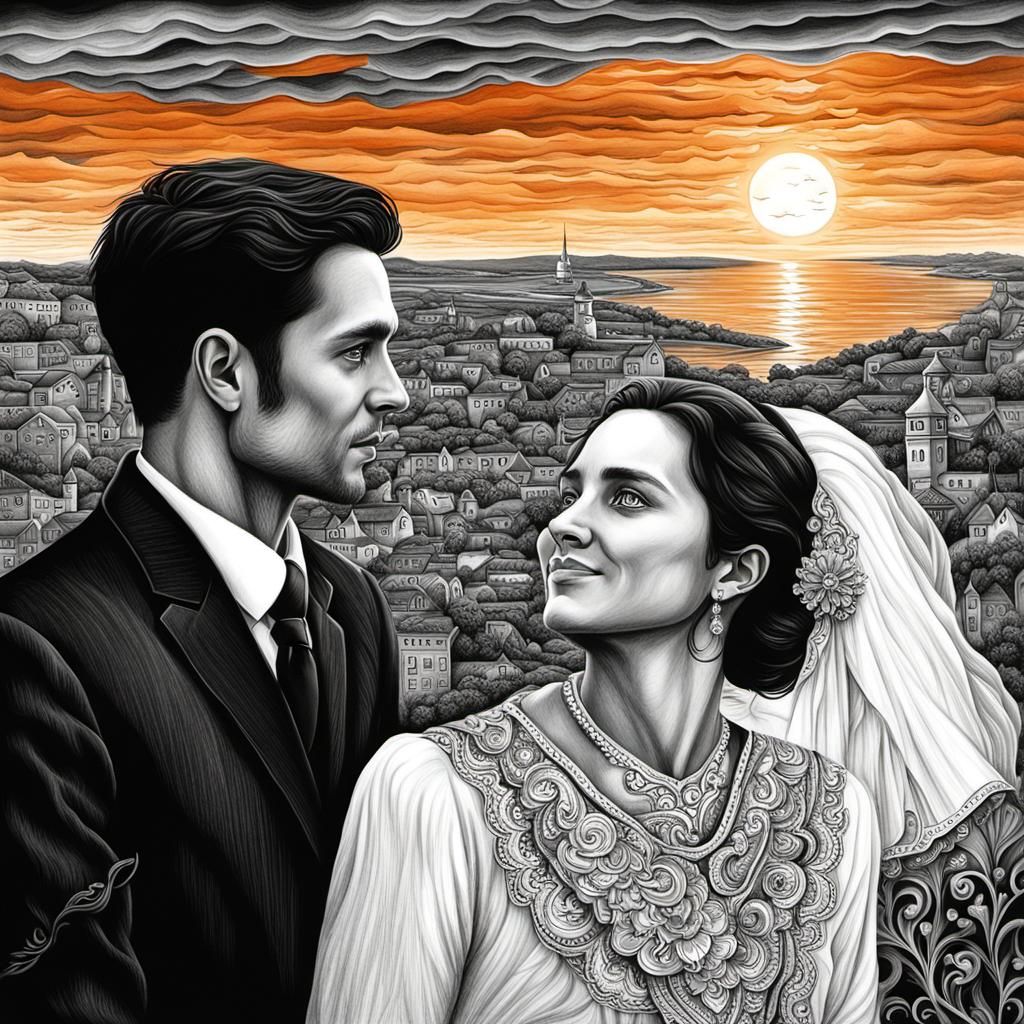 Detailed Grayscale Drawing of a Loving Couple