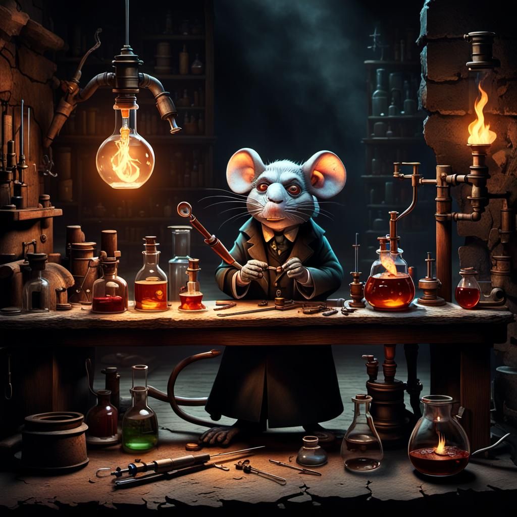 A cartoon depiction of a mad professor’s lab. There is a mahogany work bench with retort stand and various vintage lab g...