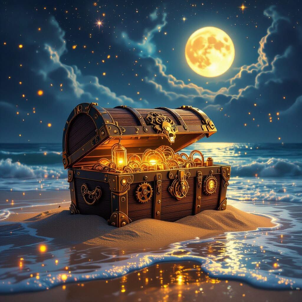 Steampunk Treasure Chest on Moonlit Beach