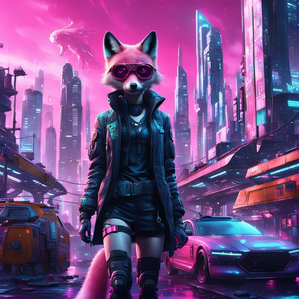 Pink Fox Assassin in Cyberpunk Cityscape