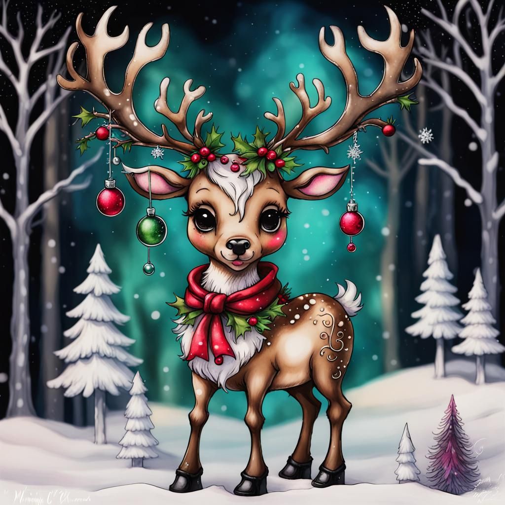 Whimsical Christmas Reindeer in Alcohol Ink Style