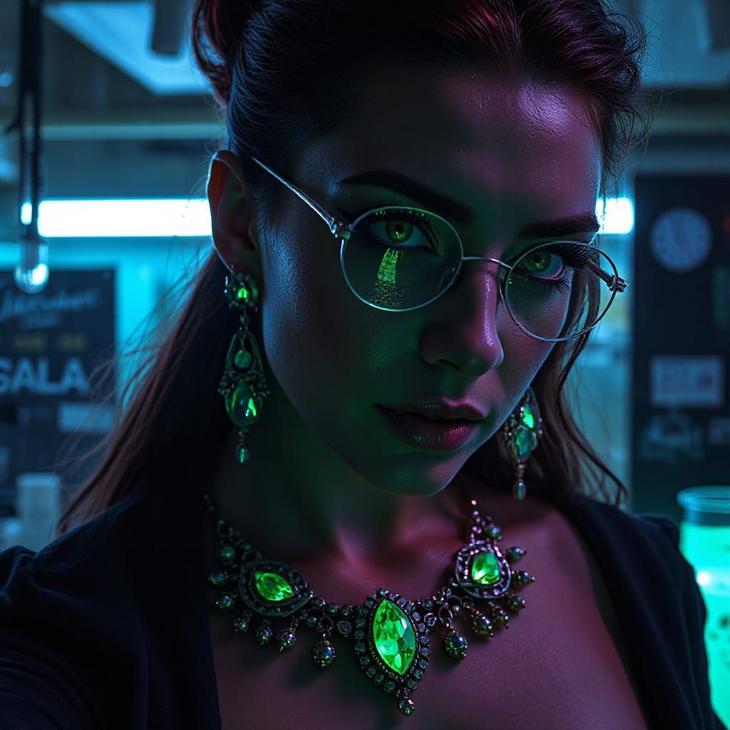 Woman in bioluminescent emerald glow, multilayered_green_eye...
