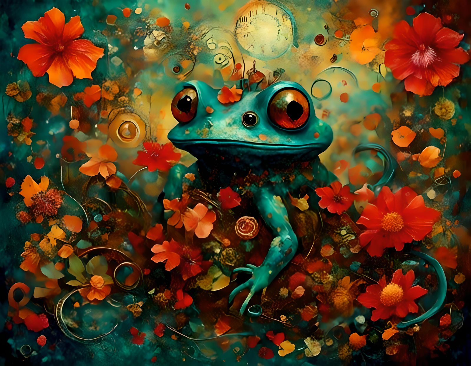 Frog on Beach with Fruit in 70s Style