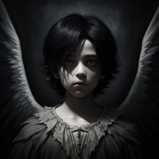 Ominous Child Angel in Dark Attic - Surreal Oil Painting