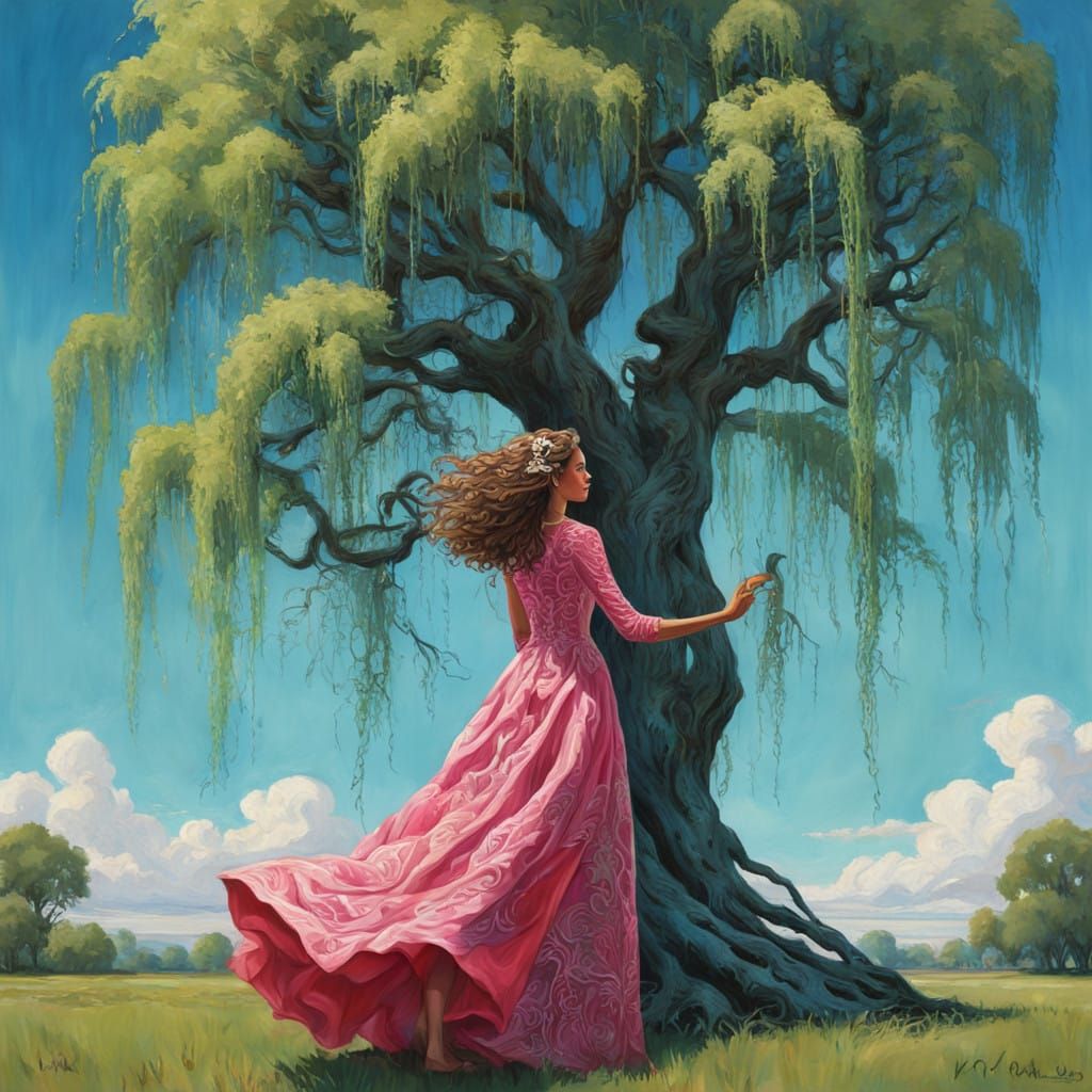 Ethereal Pink Goddess Enfolds Weeping Willow in Full Bloom