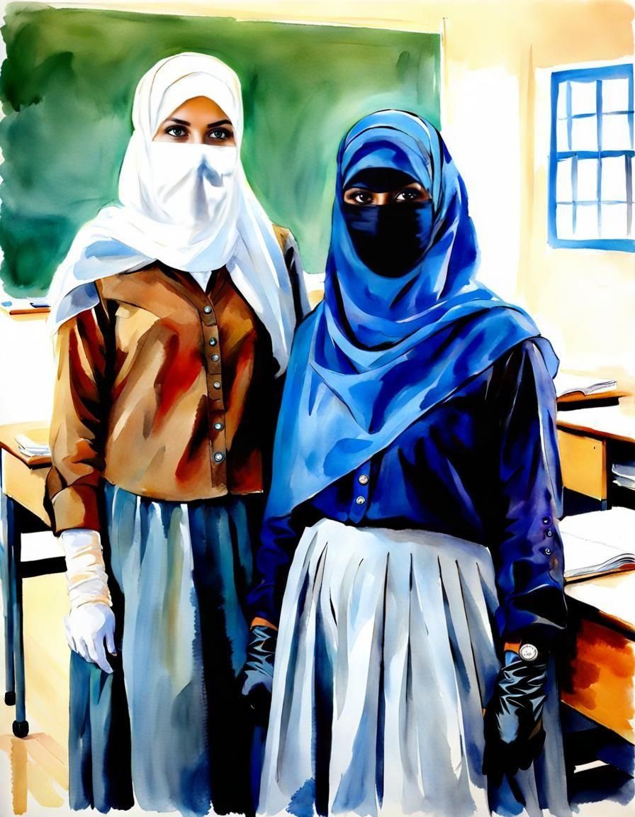 Vibrant Watercolor of Two Smiling Niqabi Teachers