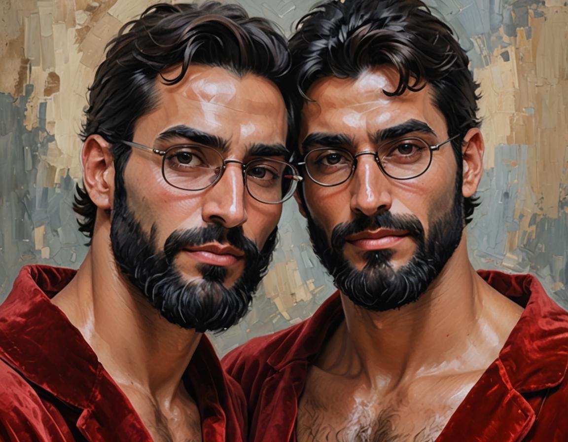Impressionist Portrait of Two Bearded Men in Red Velvet