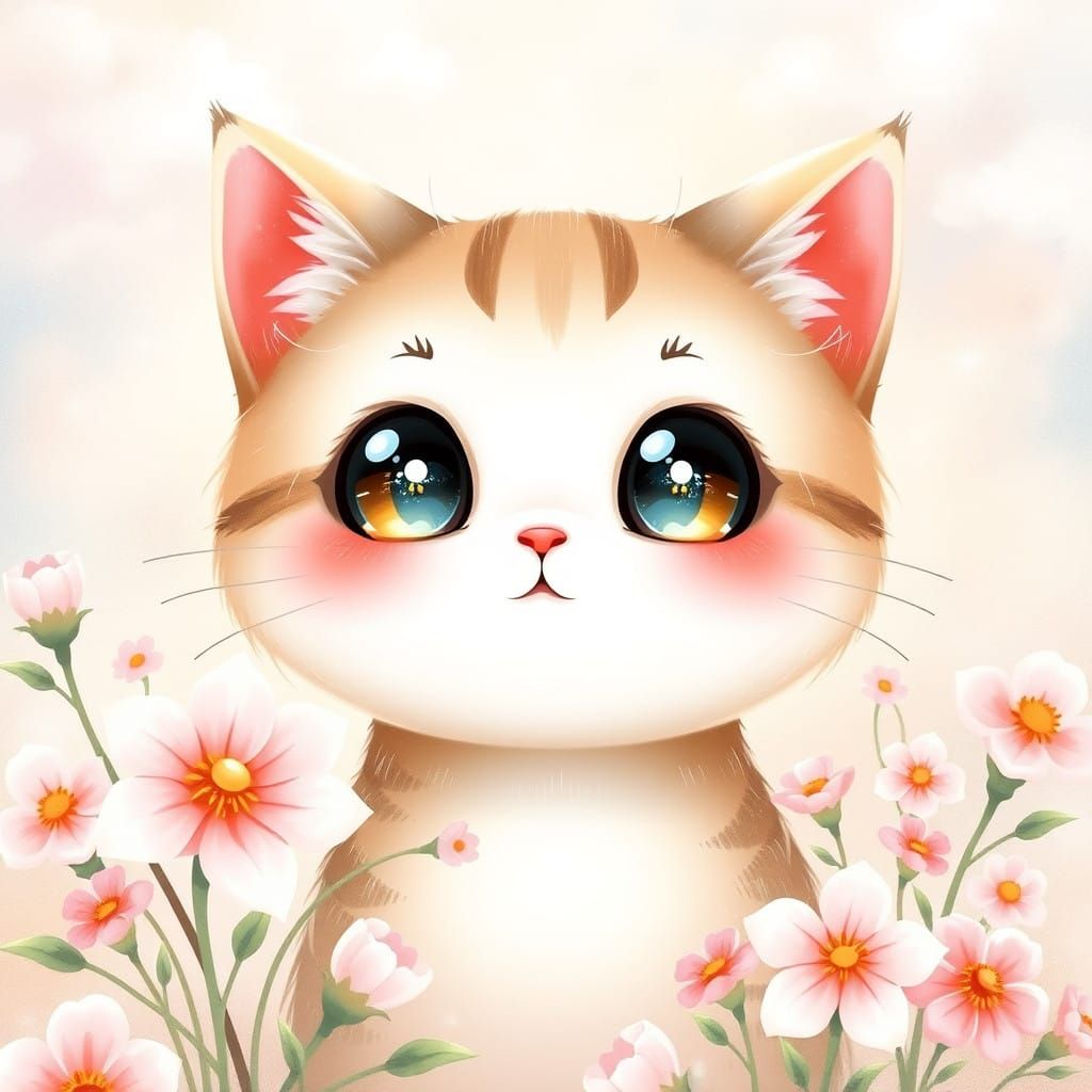 Whimsical Kawaii Cat in Pastel Paradise