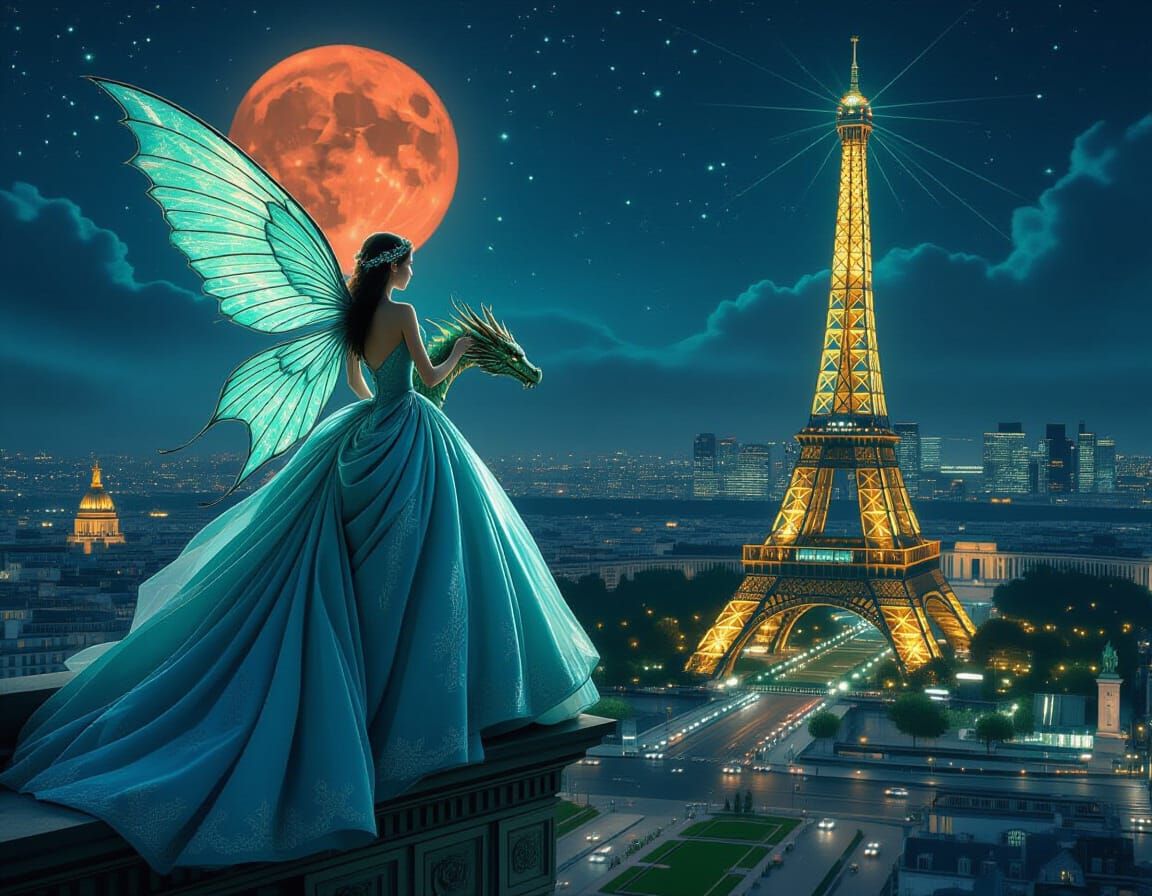 Winged Fairy in Paris Under Red Moon