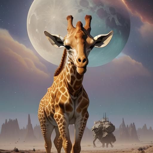 Giraffe Moonwalking in Spacesuit: Dreamlike Concept Art