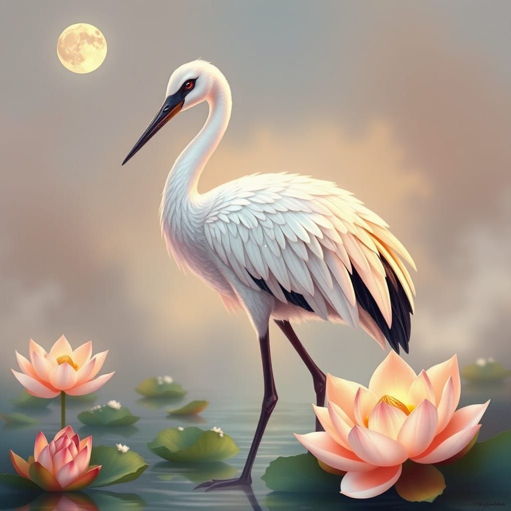 Serene Crane in Dreamy Pastel Landscape