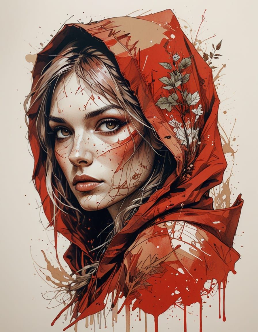 Red Riding Hood Portrait in Ink and Tea Style