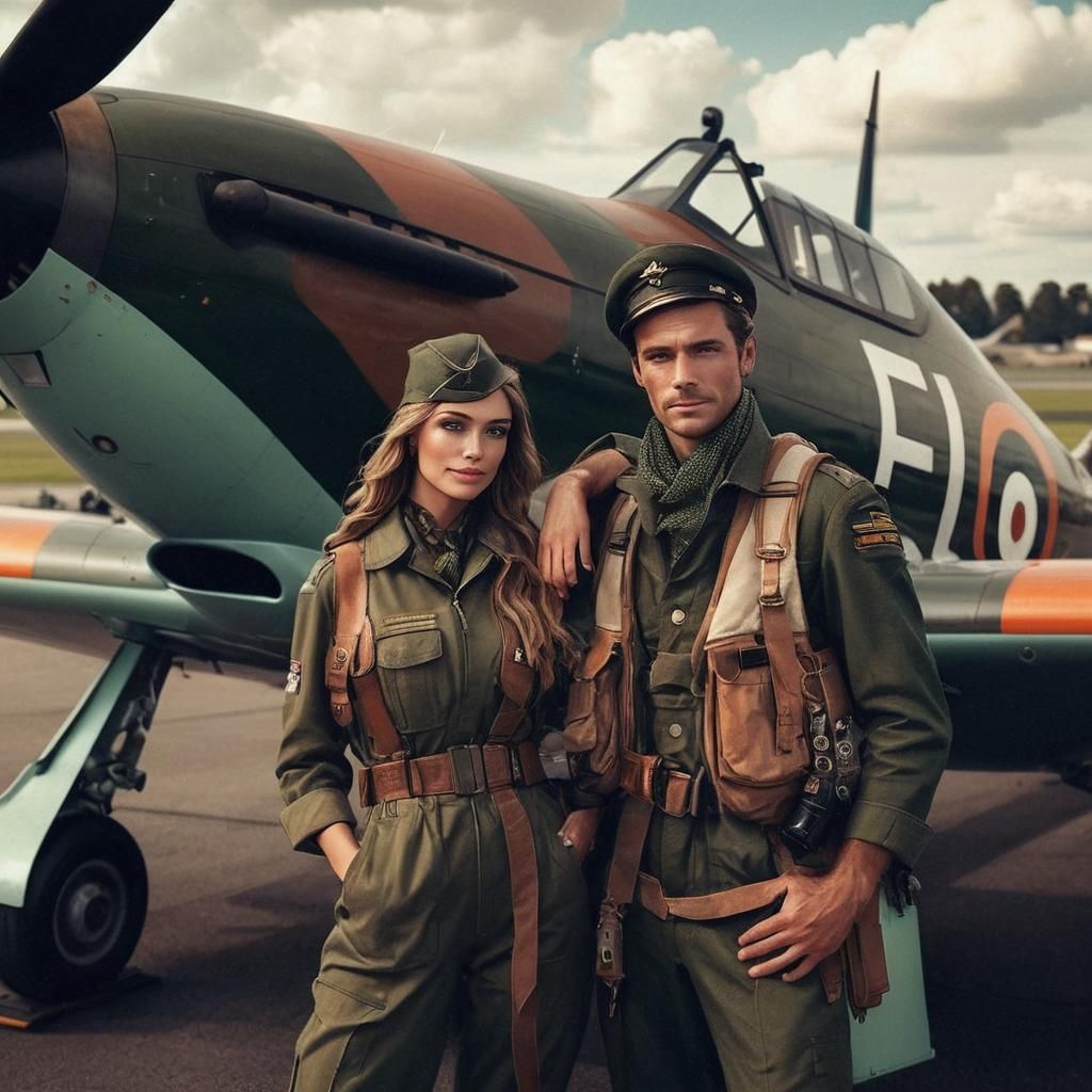 Pilots Proudly Pose Before Sleek Airplane, Retro Sci-Fi Styl...