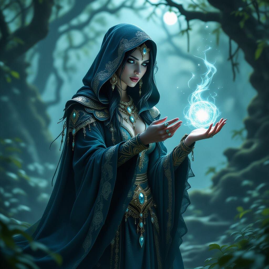 Mysterious Dark Elf Sorceress Casting Spell in Misty Grove