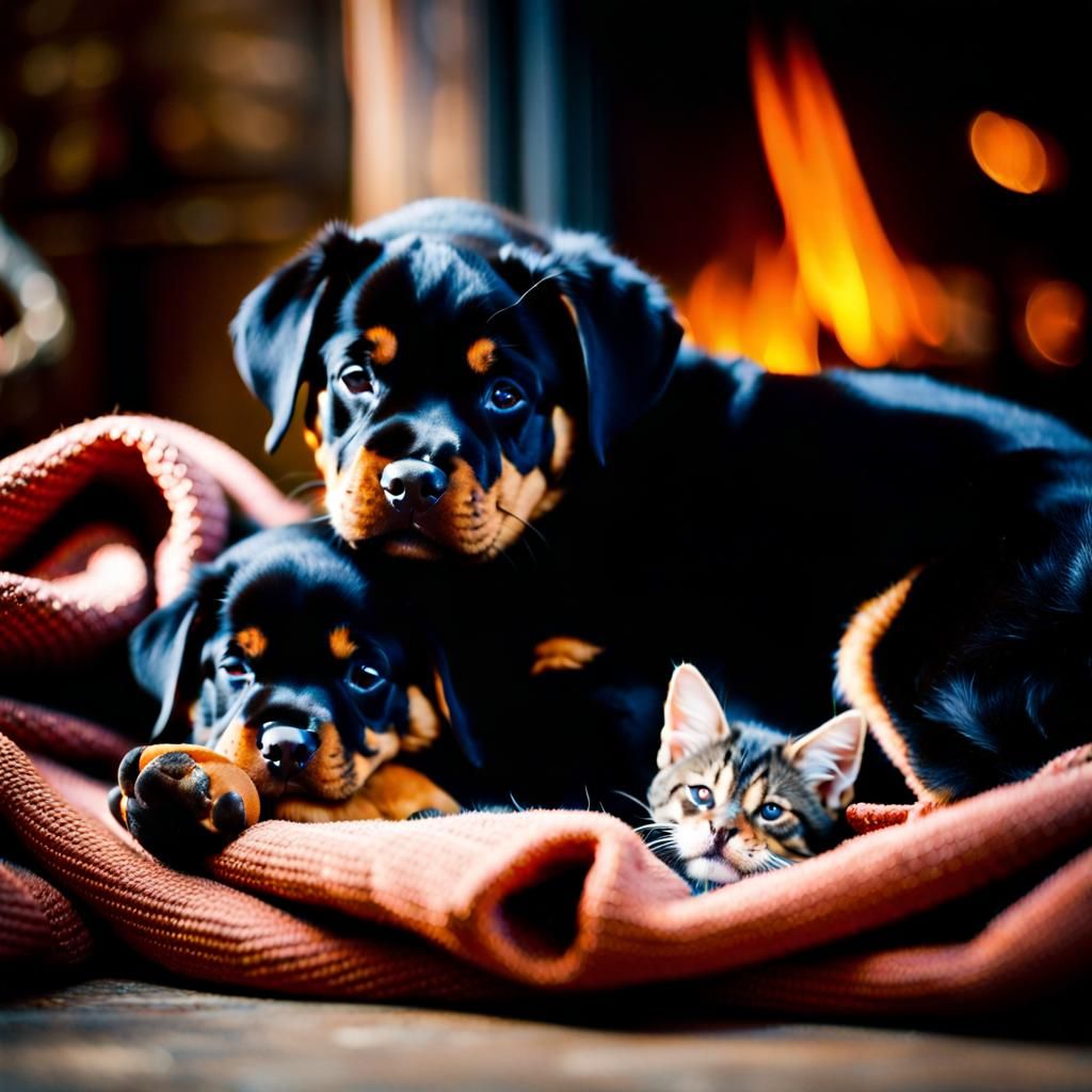 Rottweiler Puppy and Kitten Snuggle by Fire