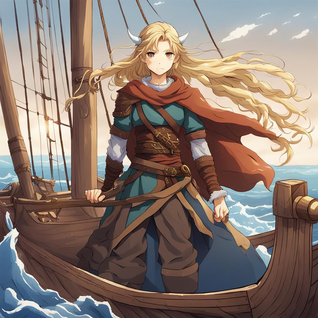 Viking Woman on Longship in Anime Style