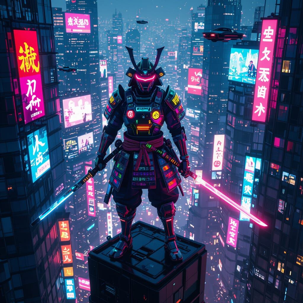 Cyberpunk Samurai Warrior Overlooking Neon Cityscape