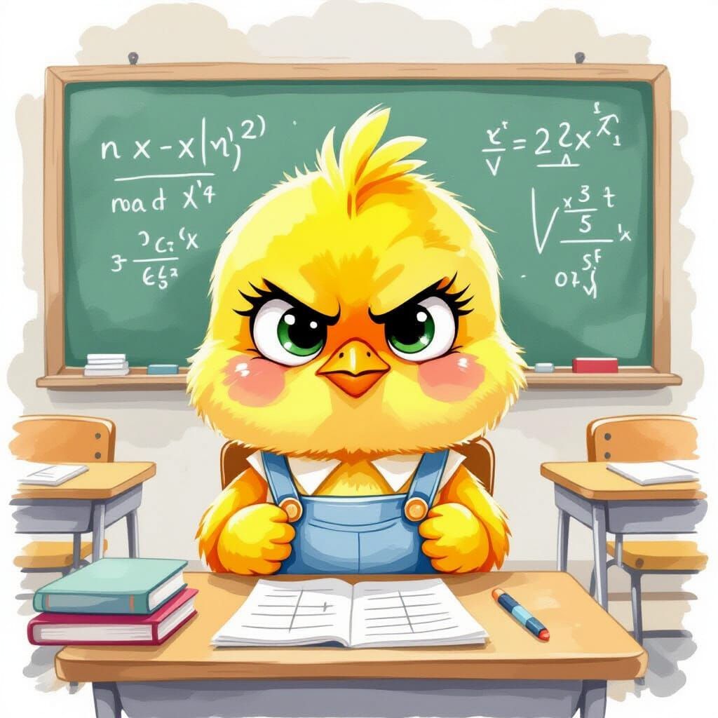 Annoyed Chick Does Math in Watercolor Classroom