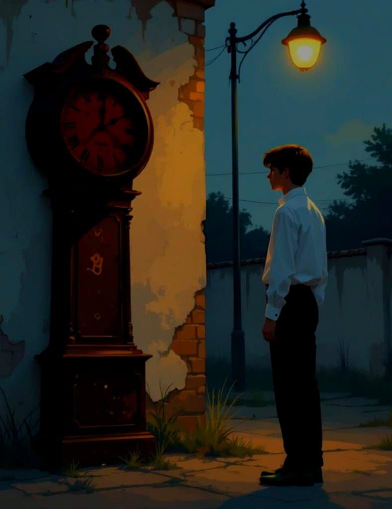 Teen Boy Checks Worn Clock at Dusk in Yard