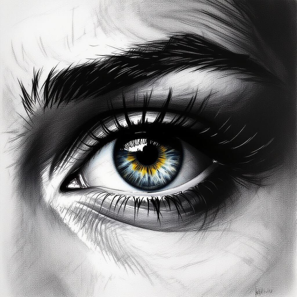 Hyperdetailed Charcoal Drawing of a Longing Eye