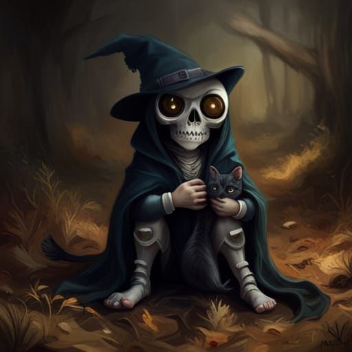 Cute Skeleton Creature with Cat, in Fantasy Art Style