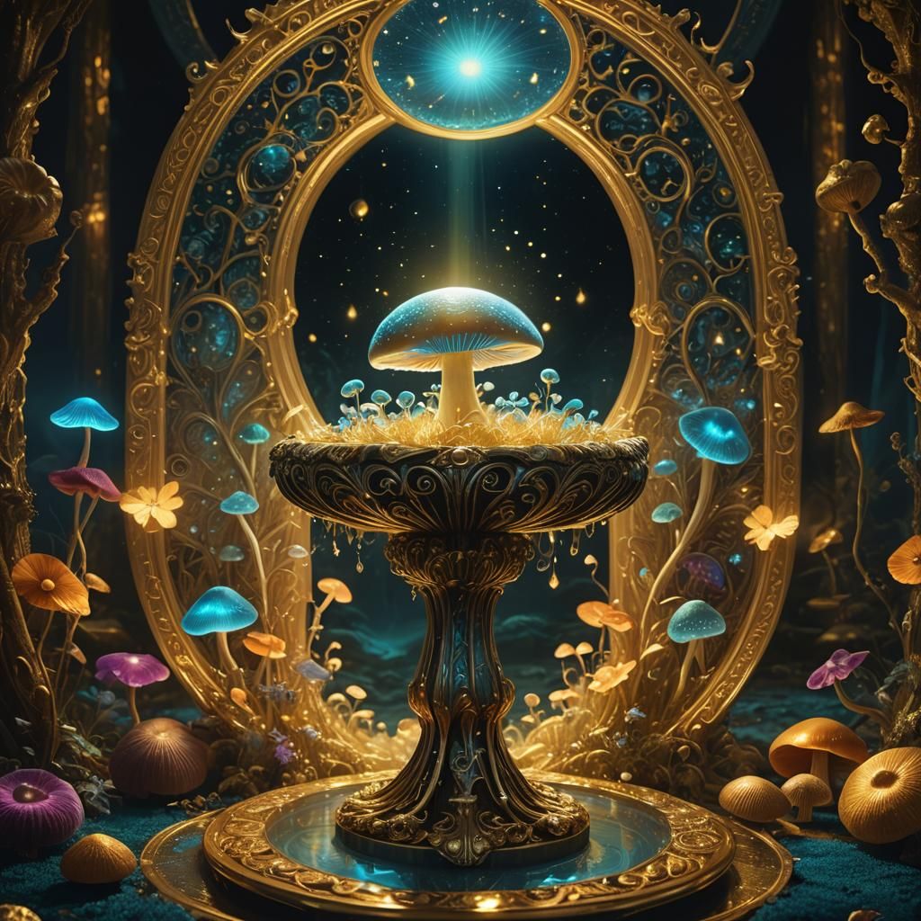 Bioluminescent Mushroom in Golden Cup: Digital Art