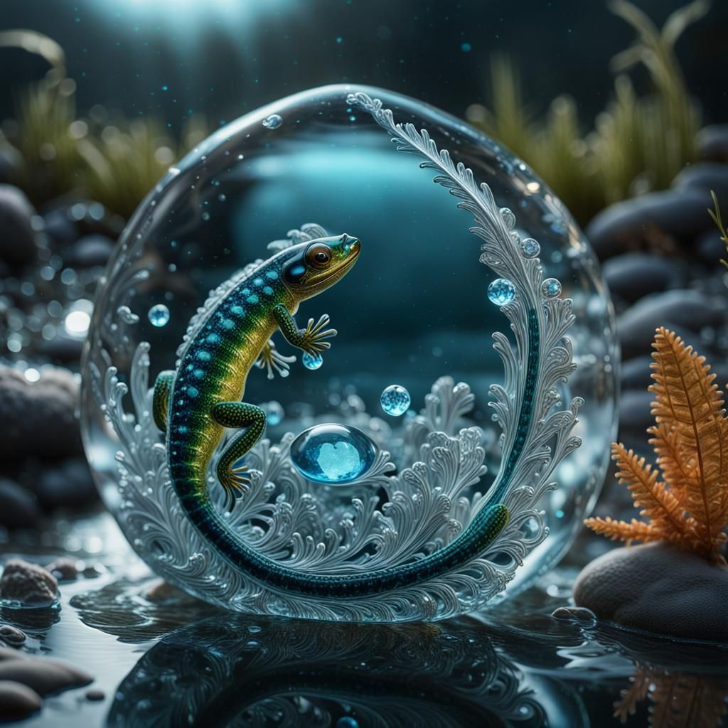 Bioluminescent Crystal Salamander in Diamond Water Drop