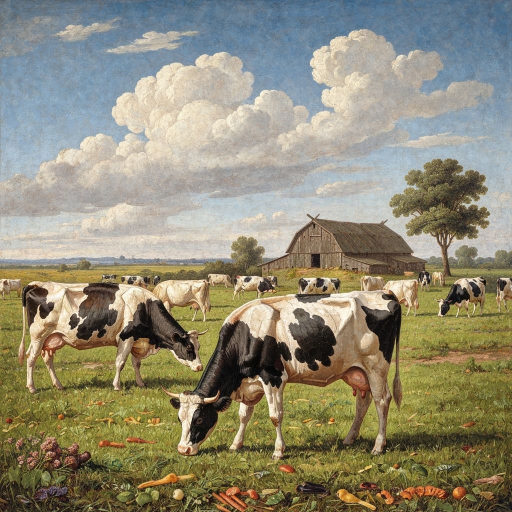Cows Grazing in Detailed Field with Barn and Clouds