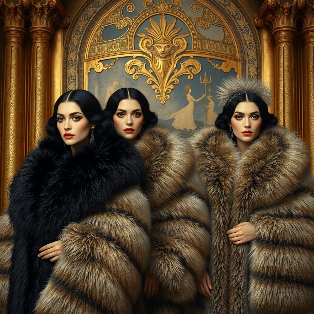 Regal Women in Lavish Fur Coats, Ancient Egyptian Opulence