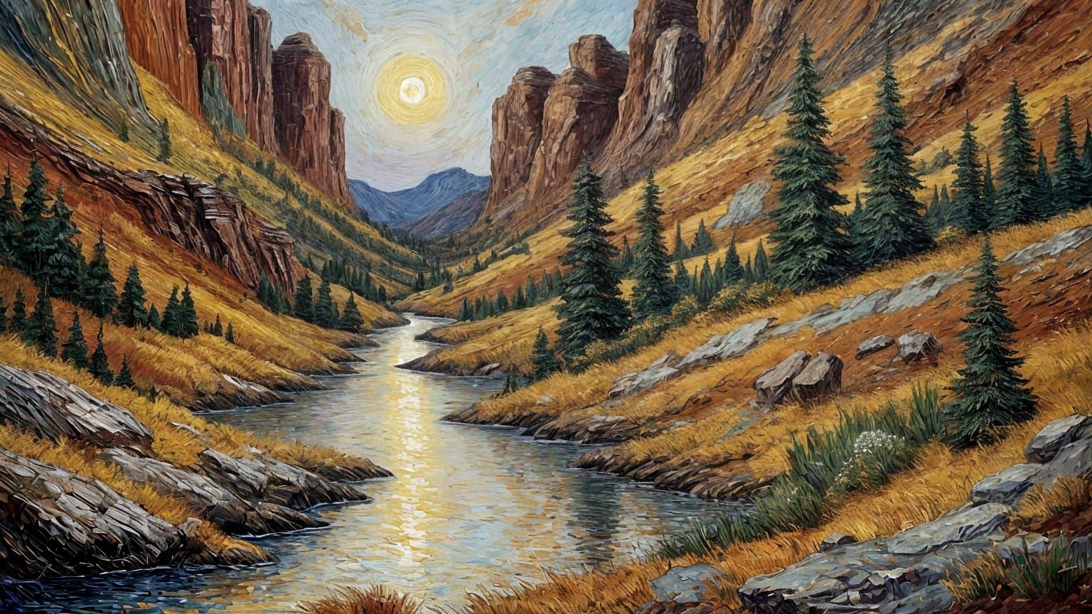 Rugged Canyon River at Sunset in Impasto Style