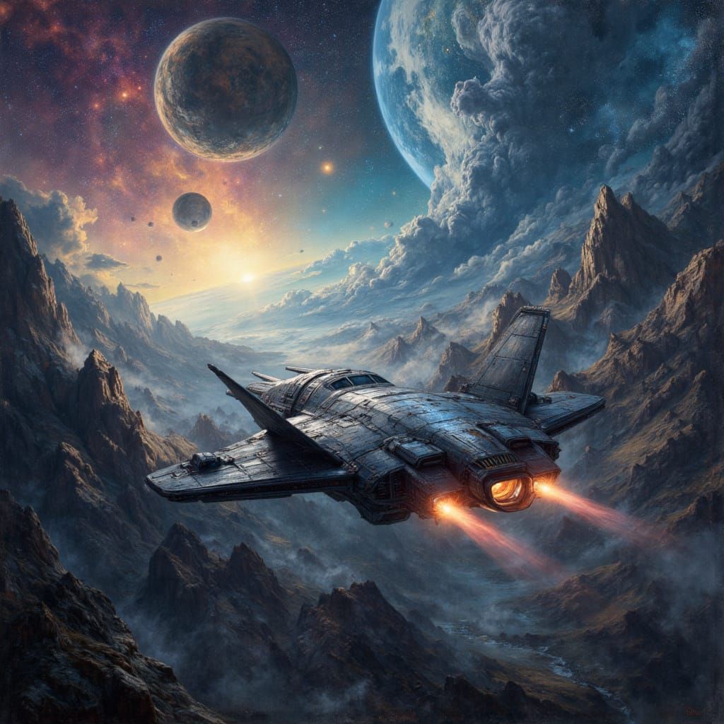 Futuristic Spaceship Approaches Alien Station in Hyperrealis...