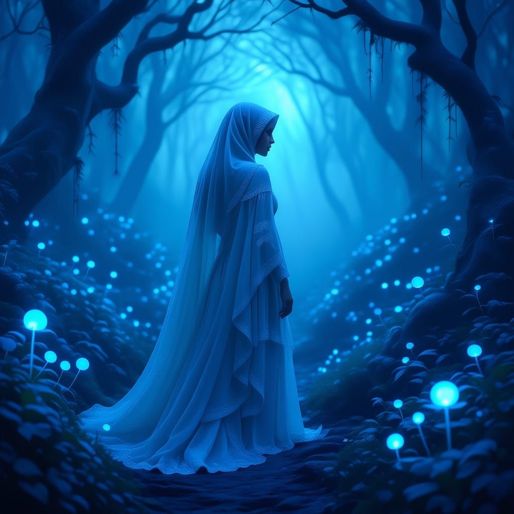 Ethereal Figure in Mystical Bioluminescent Forest