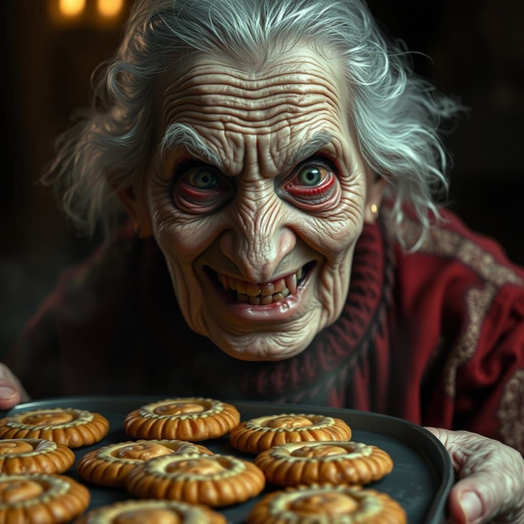 Sinister Grandmother with Cookies in Beksiński Style