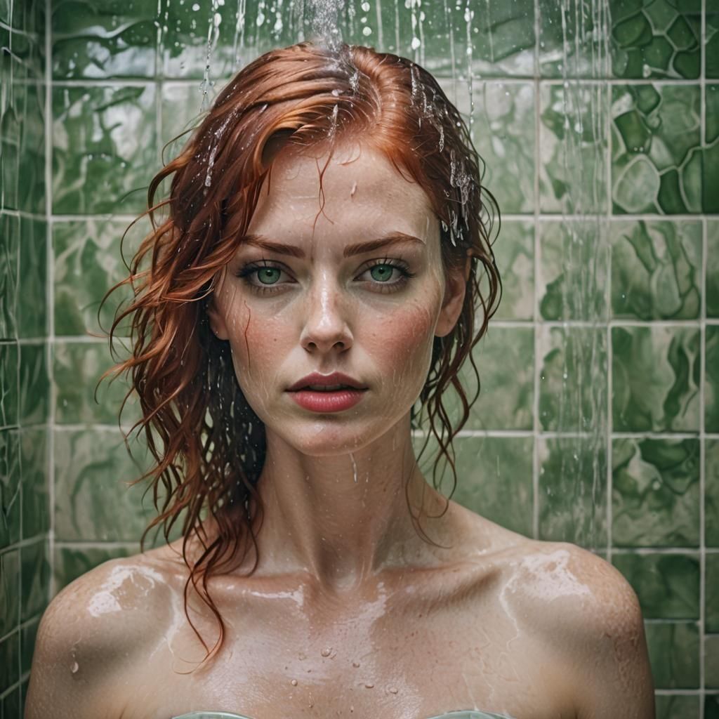 Striking Woman in Shower: Hyperrealistic Charcoal Art