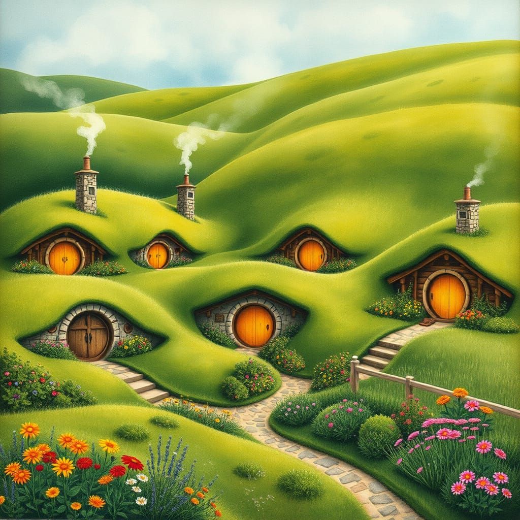 Whimsical Hobbit Holes in Enchanted Shire Landscape