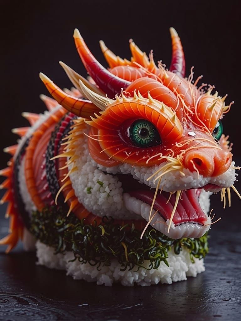 A dragon head made out of sushi decoratively arranged on a sushi plate