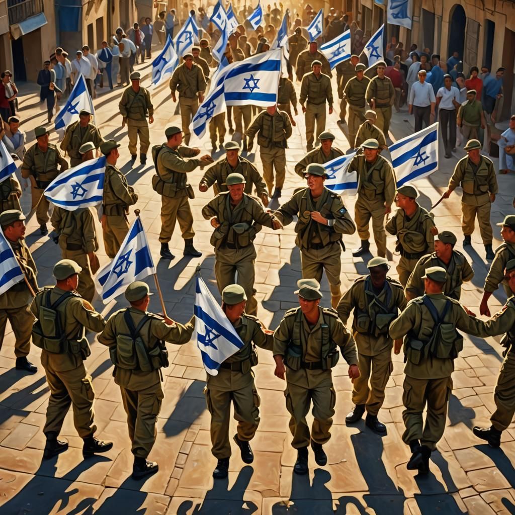 Soldiers Dancing with Israeli Flags: Hyper-Realistic Art